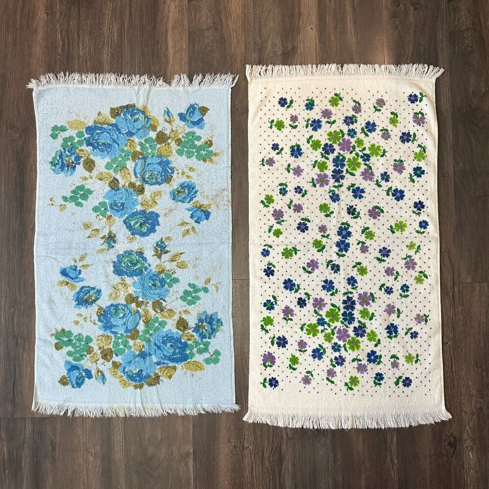 Vintage 1960s Cannon Floral Hand Towels Set of 2 White Blue Mid Century Bathroom